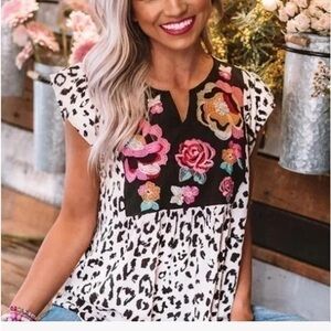 Savanna Jane Animal Print Floral Embroidered Blouse